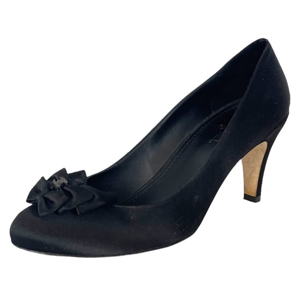 CHANEL Shoes - CHANEL Black Satin Bow Mid Heel Pump
